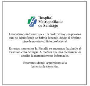Hombre se lanza del Hospital Metropolitano de Santiago; Fiscalía hace levantamiento