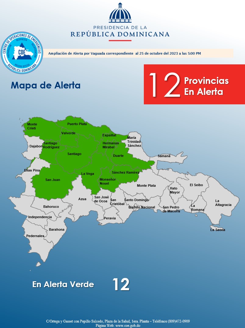 COE eleva a 12 las provincias en alerta verde por aguaceros