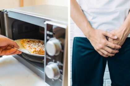 Persona metiendo comida al microondas, hombre tocando su entrepierna para explicar las razones para no usar microondas 6 Razones para no usar microondas
