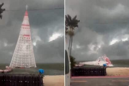 VIDEO: Un enorme árbol de Navidad flotante se derrumba durante una tormenta en Brasil