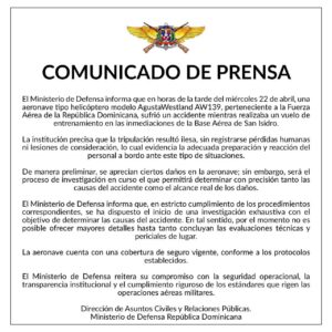Helicóptero de la FARD se accidenta durante vuelo de entrenamiento; tripulación resulta ilesa