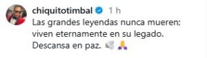 Por su parte, Chiquito Team Band destacó la permanencia de su legado artístico más allá de su partida física. “Las grandes leyendas nunca mueren; viven eternamente en su legado. Descansa en paz”. El bachatero Joe Veras expresó el sentimiento de tristeza que embarga al país tras la pérdida del cantante. “La República Dominicana llora. Gracias por tu talento, tu voz y tu legado. Descansa en paz, viejo amigo”. Desde el ámbito institucional, el Ministerio de Cultura lamentó el fallecimiento del artista y resaltó su aporte a la proyección de la identidad cultural dominicana. La entidad señaló que su trayectoria ocupa un lugar destacado en la historia de la música popular del país y afirmó que su legado permanecerá vivo en la memoria cultural de la nación. “Hoy despedimos a Alex Bueno, una de las voces más singulares y queridas de la música dominicana”. Por su parte, Chiquito Team Band destacó la permanencia de su legado artístico más allá de su partida física. “Las grandes leyendas nunca mueren; viven eternamente en su legado. Descansa en paz”. El bachatero Joe Veras expresó el sentimiento de tristeza que embarga al país tras la pérdida del cantante. “La República Dominicana llora. Gracias por tu talento, tu voz y tu legado. Descansa en paz, viejo amigo”. Desde el ámbito institucional, el Ministerio de Cultura lamentó el fallecimiento del artista y resaltó su aporte a la proyección de la identidad cultural dominicana. La entidad señaló que su trayectoria ocupa un lugar destacado en la historia de la música popular del país y afirmó que su legado permanecerá vivo en la memoria cultural de la nación. “Hoy despedimos a Alex Bueno, una de las voces más singulares y queridas de la música dominicana”. Ni