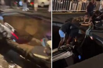 Un carretera colapsa en un enorme socavón y se 'traga' tres vehículos (VIDEO IMPACTANTE)