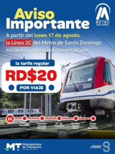 Línea 2C del Metro de Santo Domingo comienza a cobrar RD$20 desde este lunes 6 Línea 2C del Metro de Santo Domingo comienza a cobrar RD$20 desde este lunes