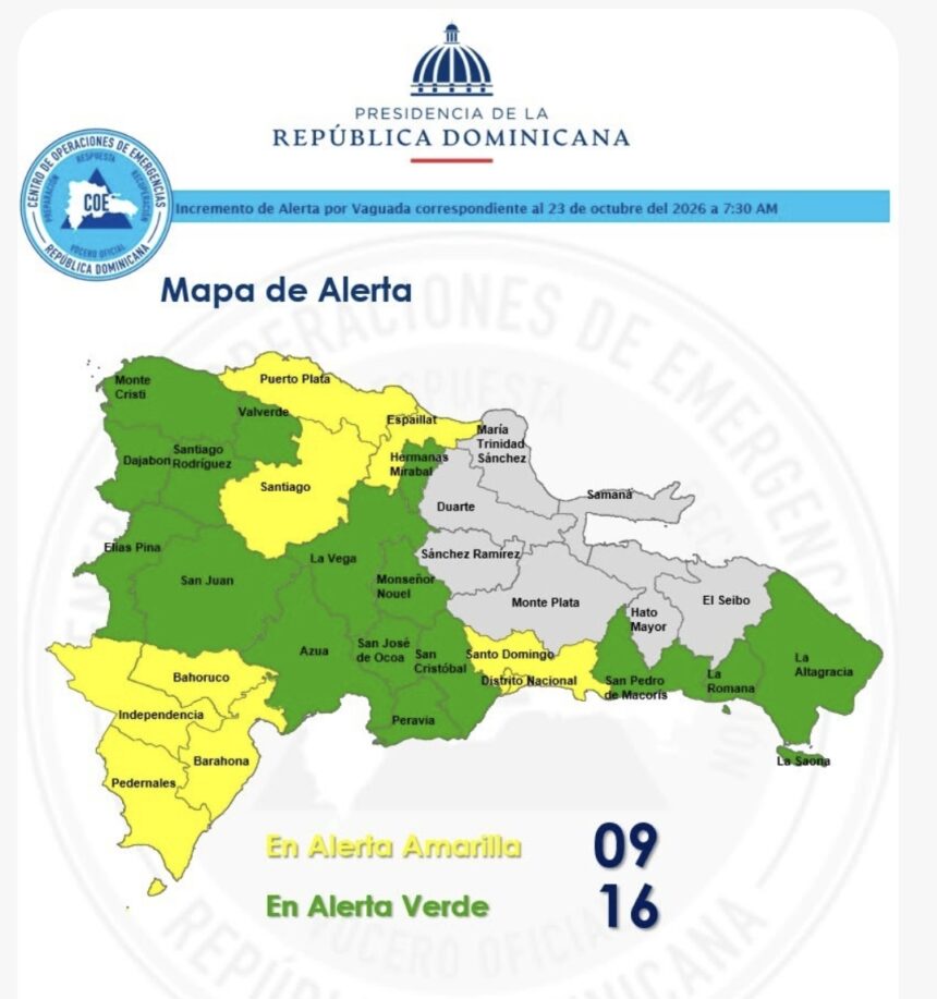 COE aumenta a 8 las provincias y el DN en alerta amarilla y otras 16 en verde